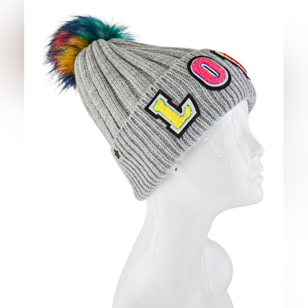 jocelyn Gray Knit Beanie with Rainbow Pom Pom and Colorful Letter Patches